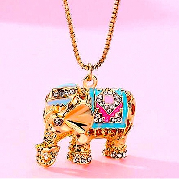 Gold-Plated Elephant Charm Necklace Symbol Strength Wisdom Rhinestone Multicolor - Picture 6 of 7